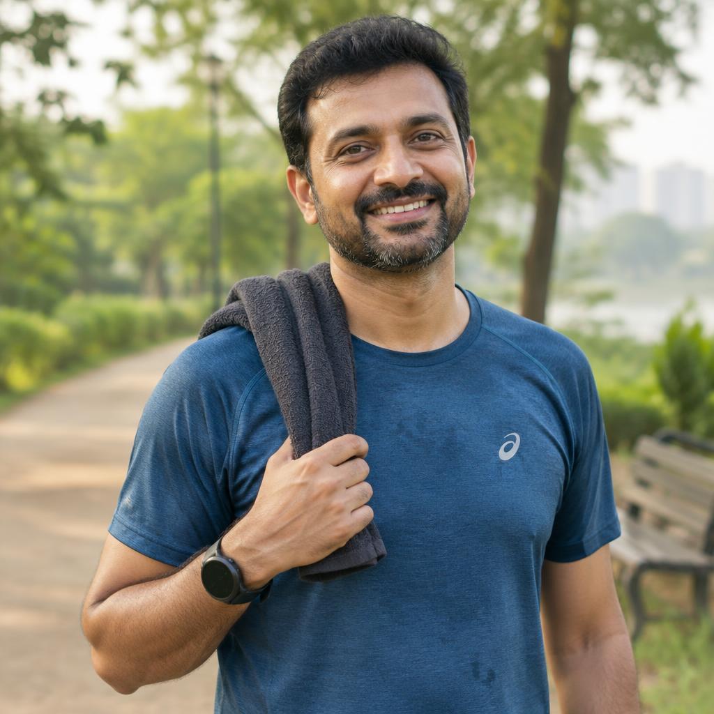 Arun smiling after a morning run in the park, a towel over his shoulder