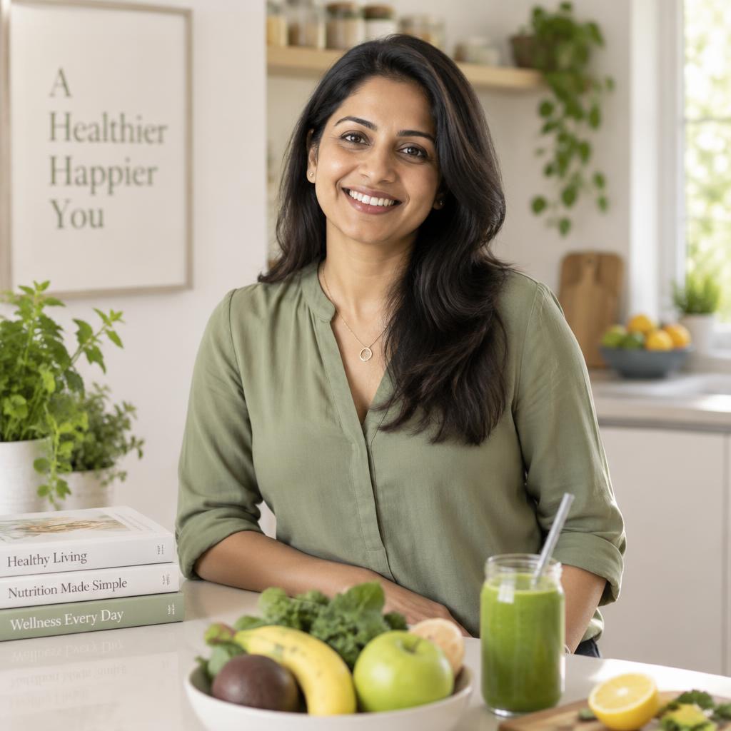 Your wellness coach smiling in a bright kitchen with fresh fruits and a green smoothie