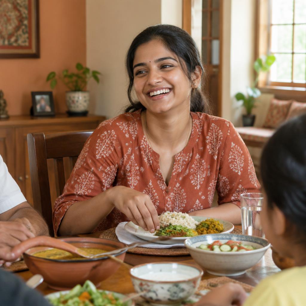Divya laughing over a home-cooked family meal at the dining table