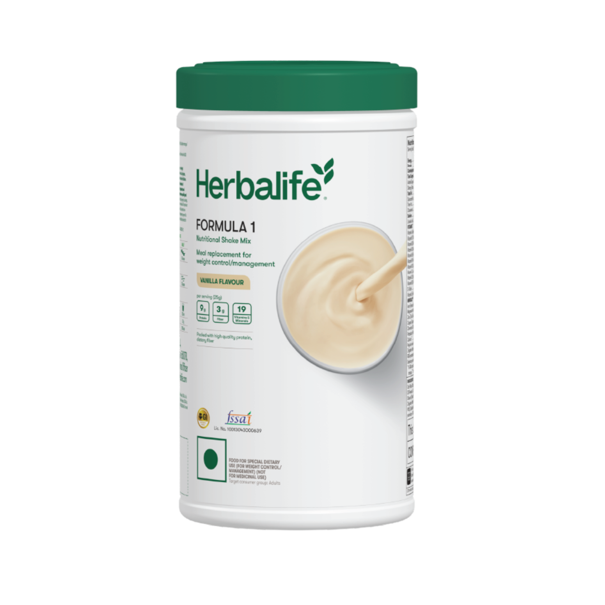 Meal replacement shake canister with a creamy shake in a glass, vanilla and almonds