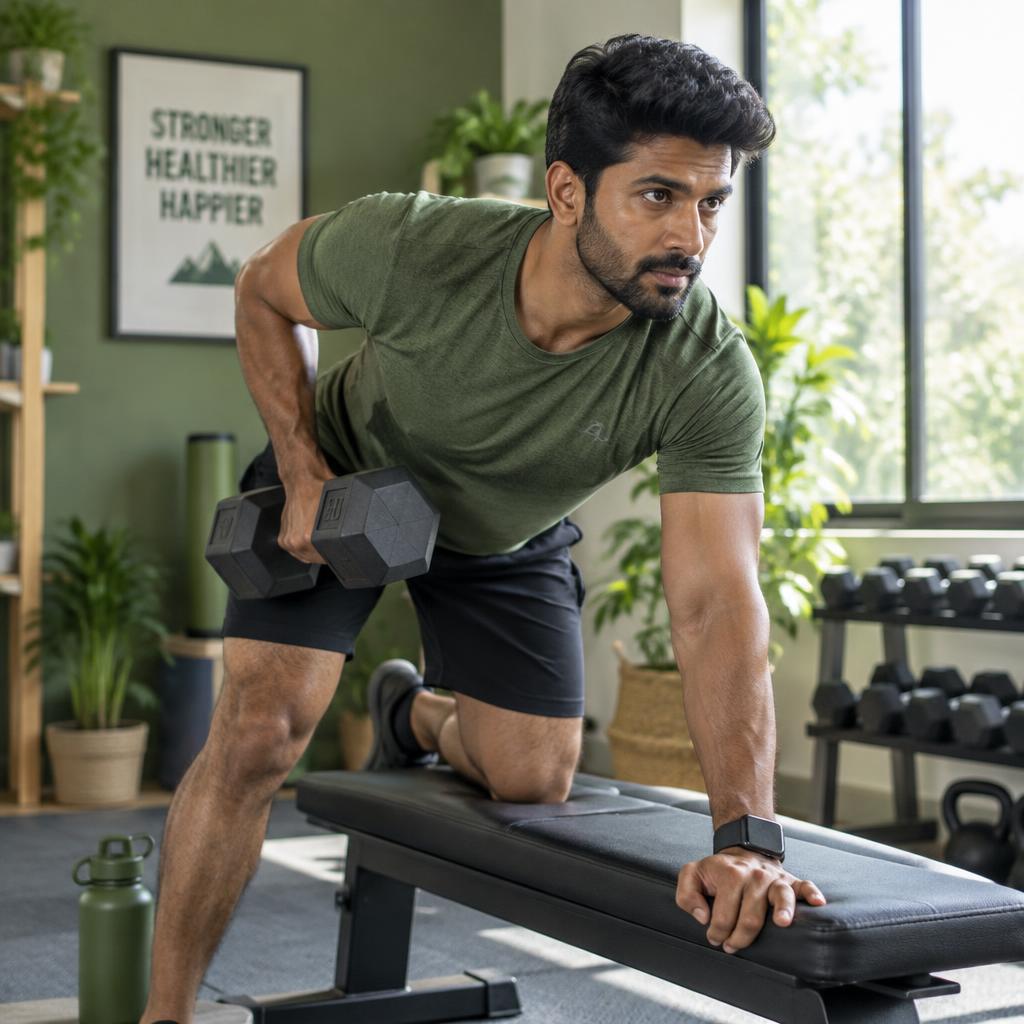 Karthik doing dumbbell row training in a bright home gym