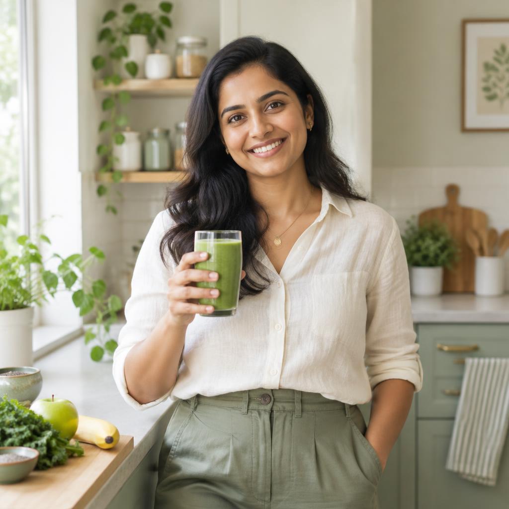 Priya smiling in her kitchen, holding a green smoothie