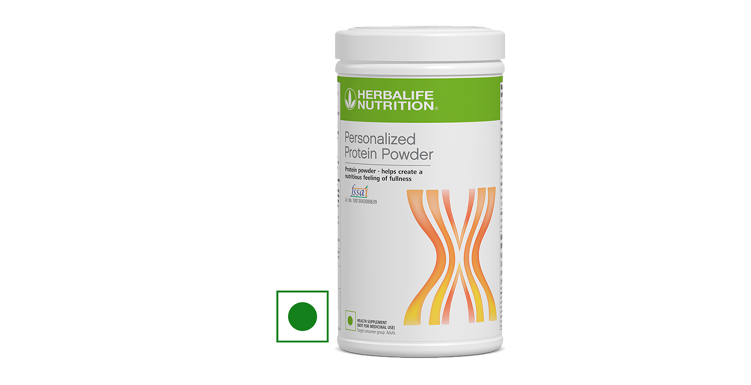 Protein powder jar with a wooden scoop of protein powder