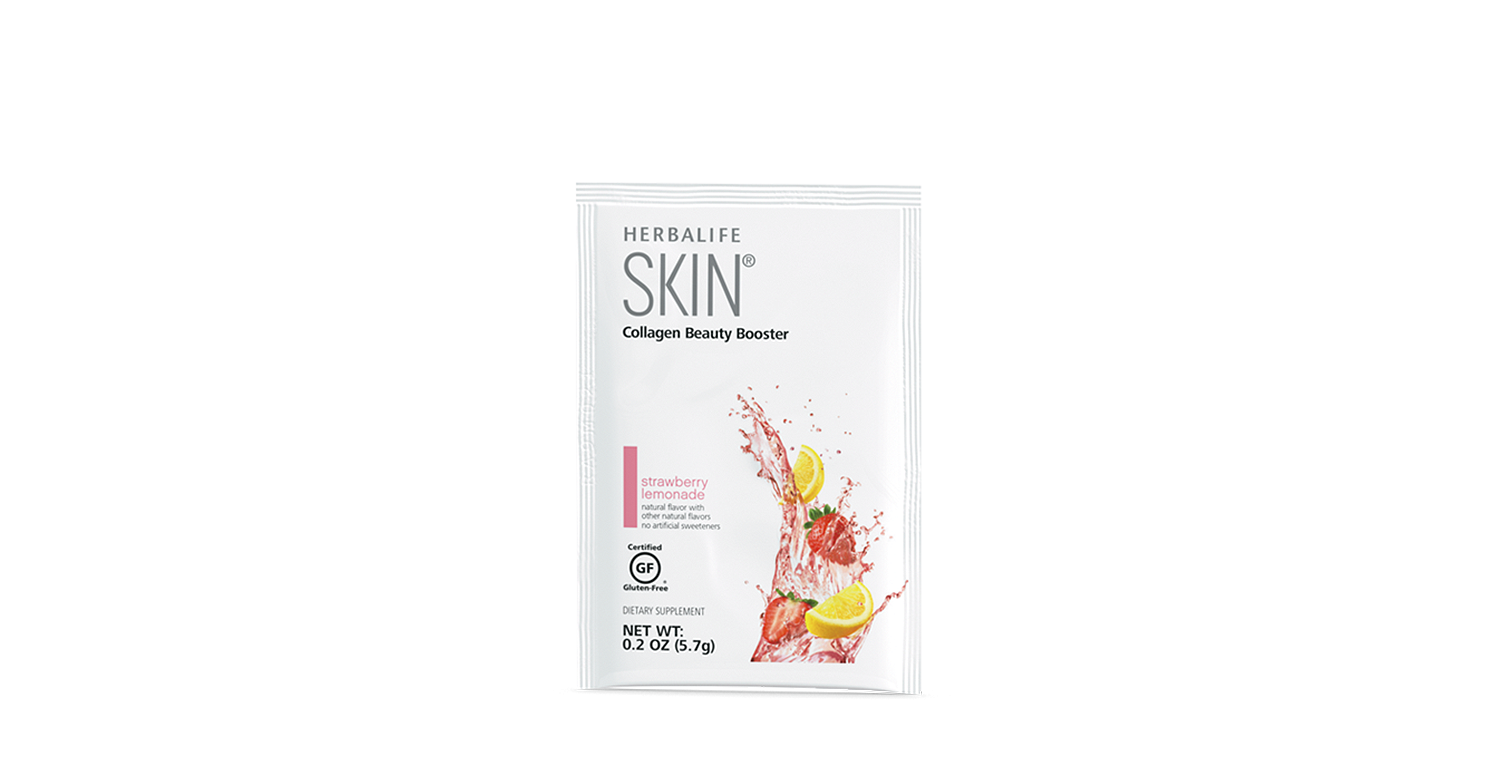 Blush pink jar of beauty collagen powder with rose petals and a small spoon